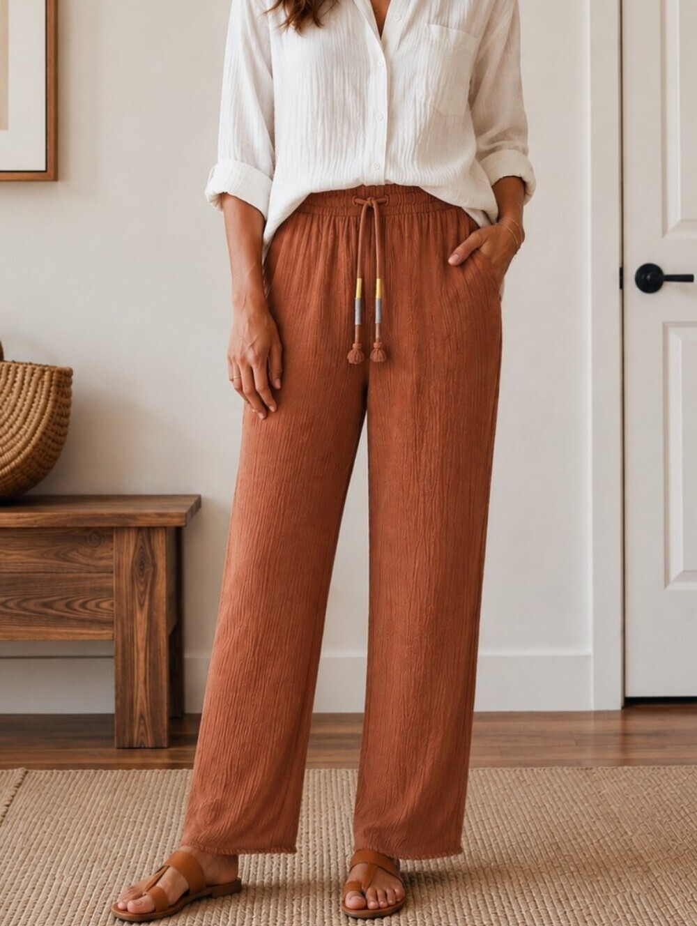 Faherty Organic Cotton Gauze Pull-On Pants Side Slit Pockets Back Patch Pockets